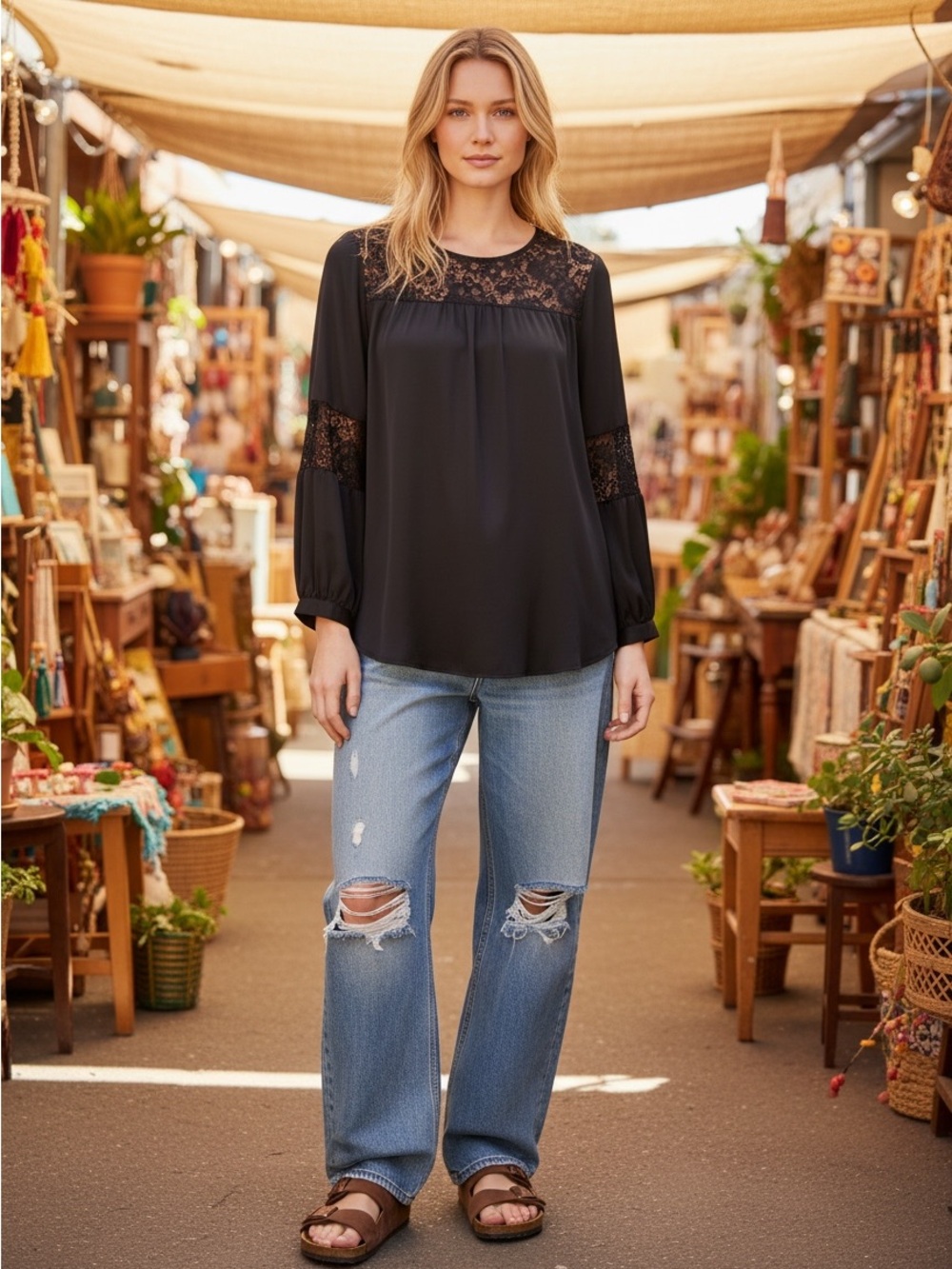 Apt. 9 Black Lace Yoke Bell Sleeve Blouse Size Medium